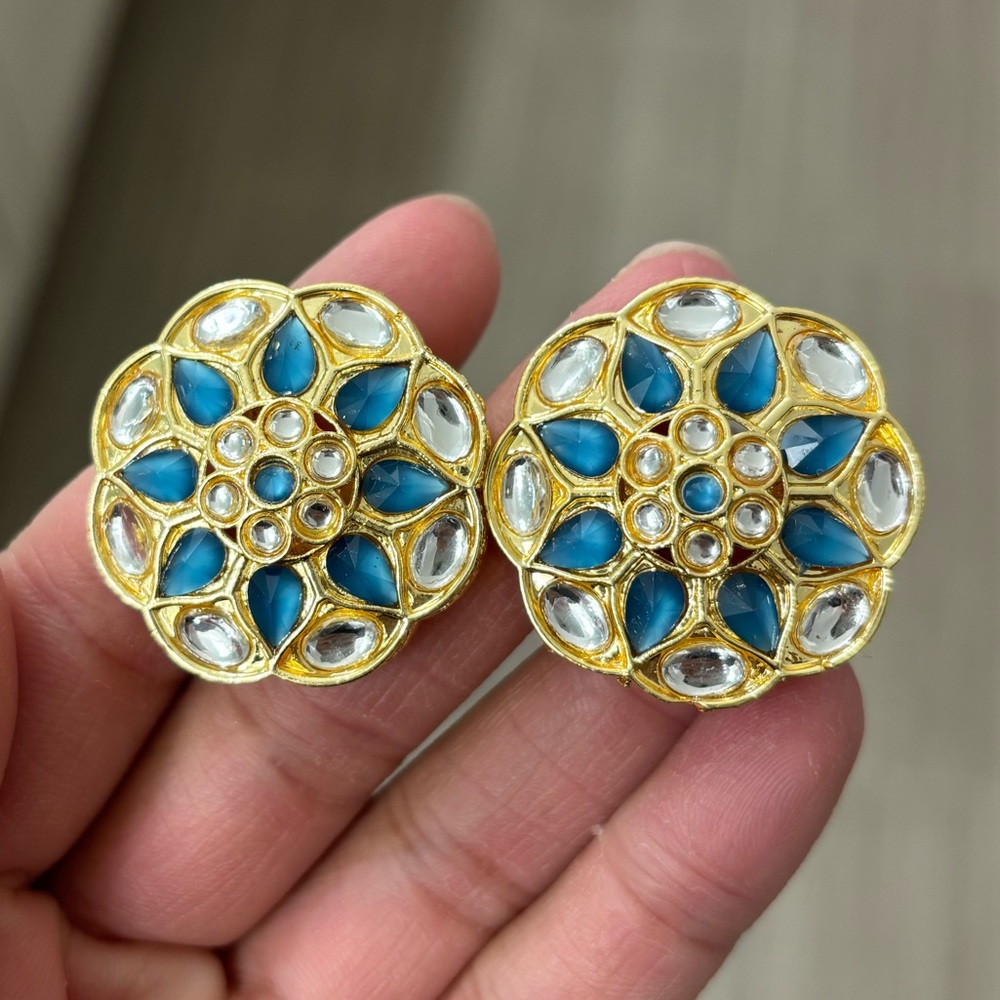Oversized kundan studs in blue